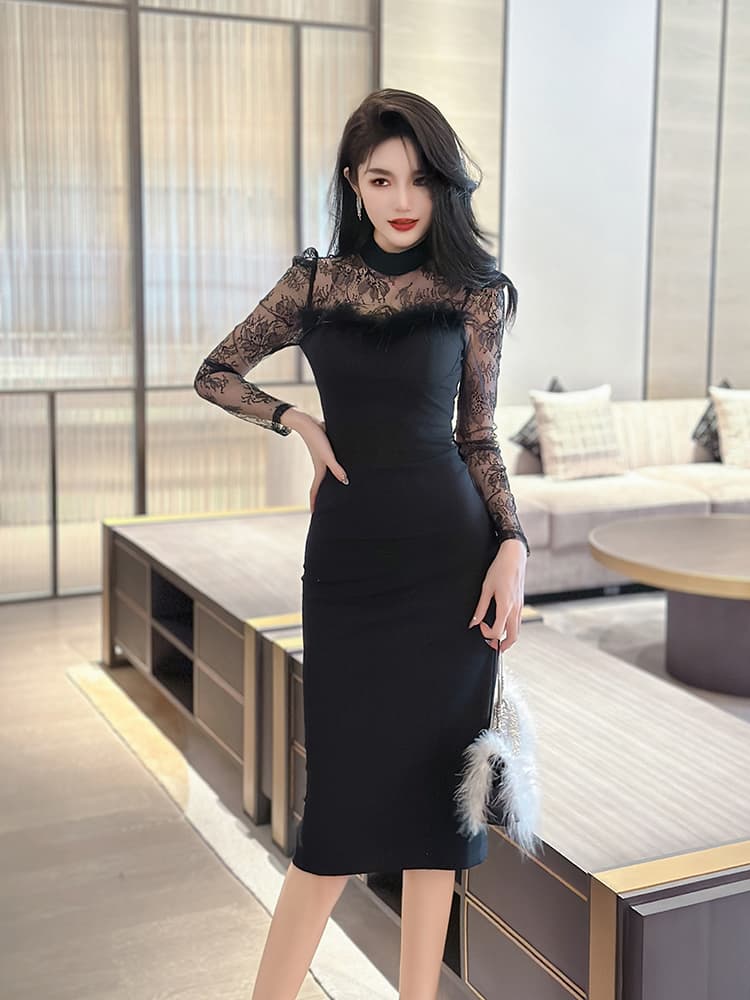 レース 服 上品シアーレース切替えミディ丈ワンピース
