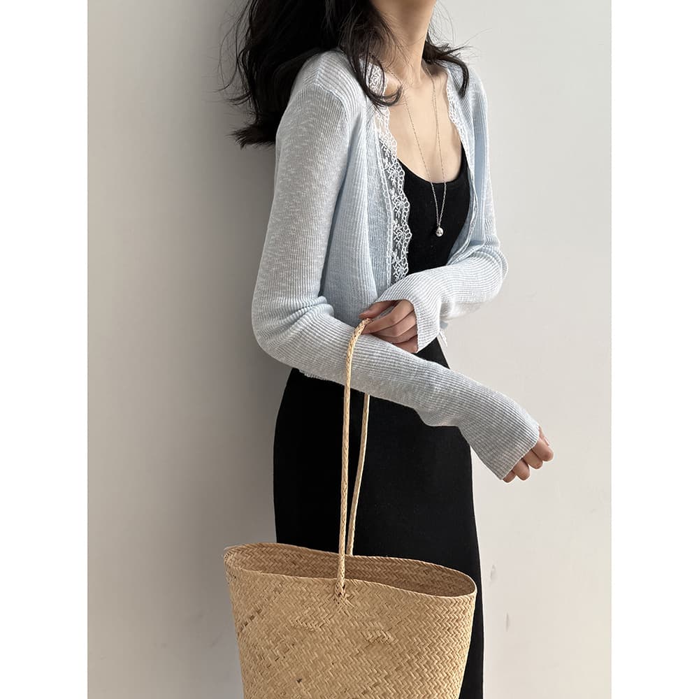 レース 服 レース縁取りリブ編みカーディガン
