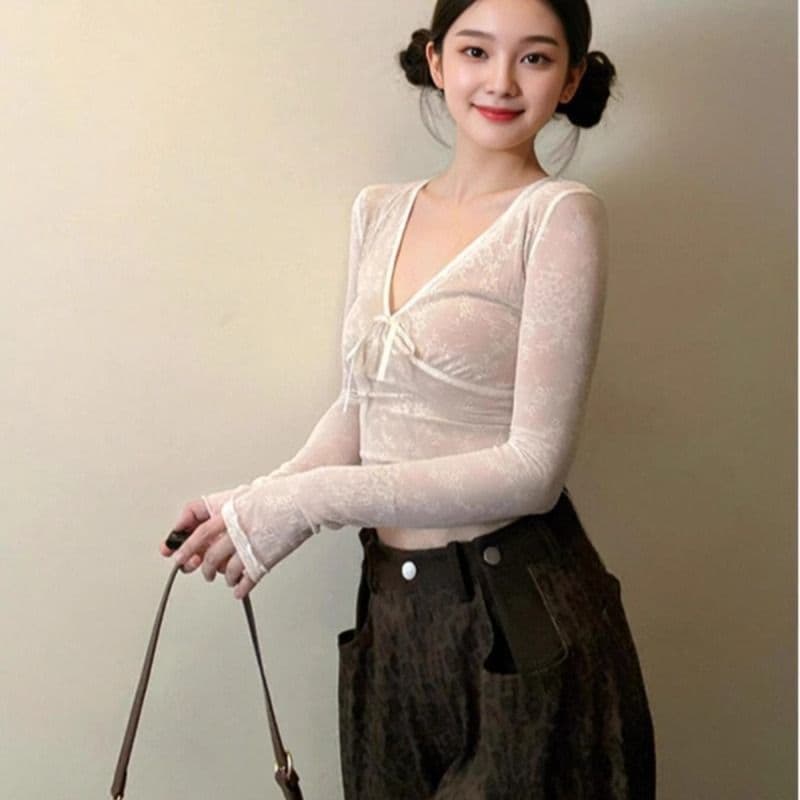 レース 服 シアーレース リボン結び 長袖トップス