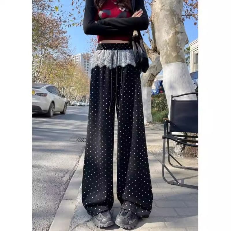 レース 服 ドット柄レース切替ワイドパンツ