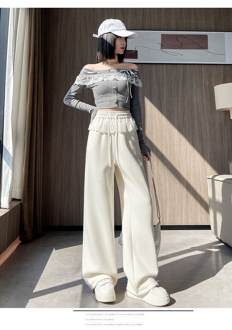 レース 服 レース装飾ウエスト ゆったりワイドパンツ