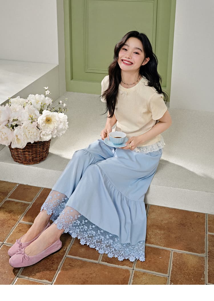 レース 服 花刺繍レース裾ティアードスカート