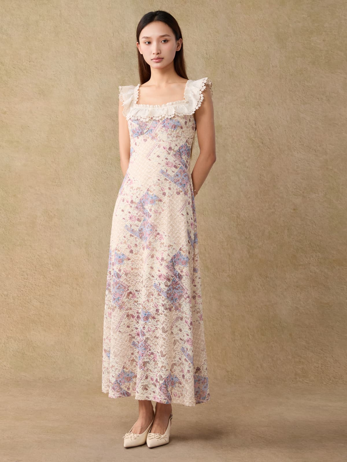 レース 服 花柄フリルレースロングワンピース