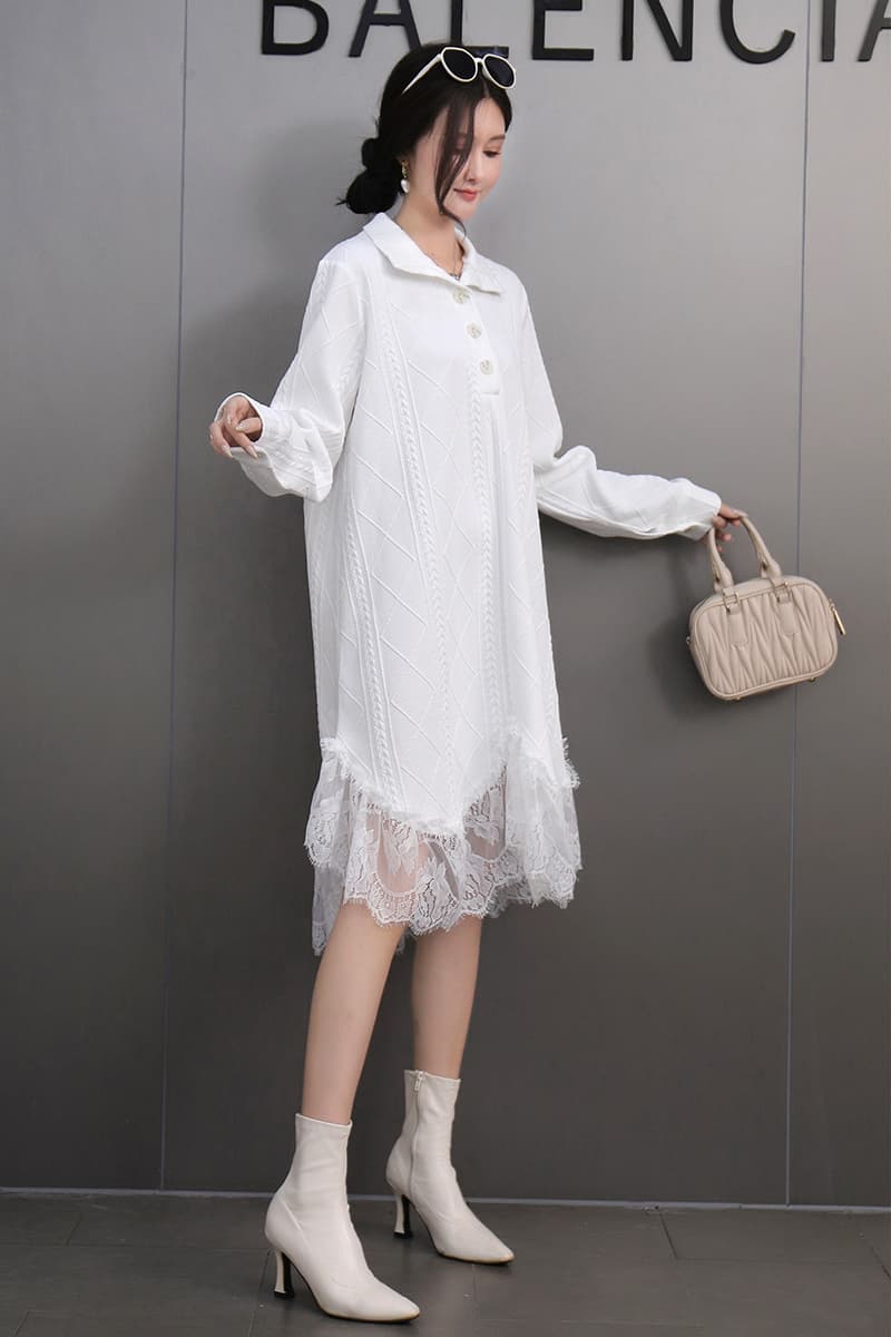 レース 服 レース裾飾り襟付きゆったりワンピース