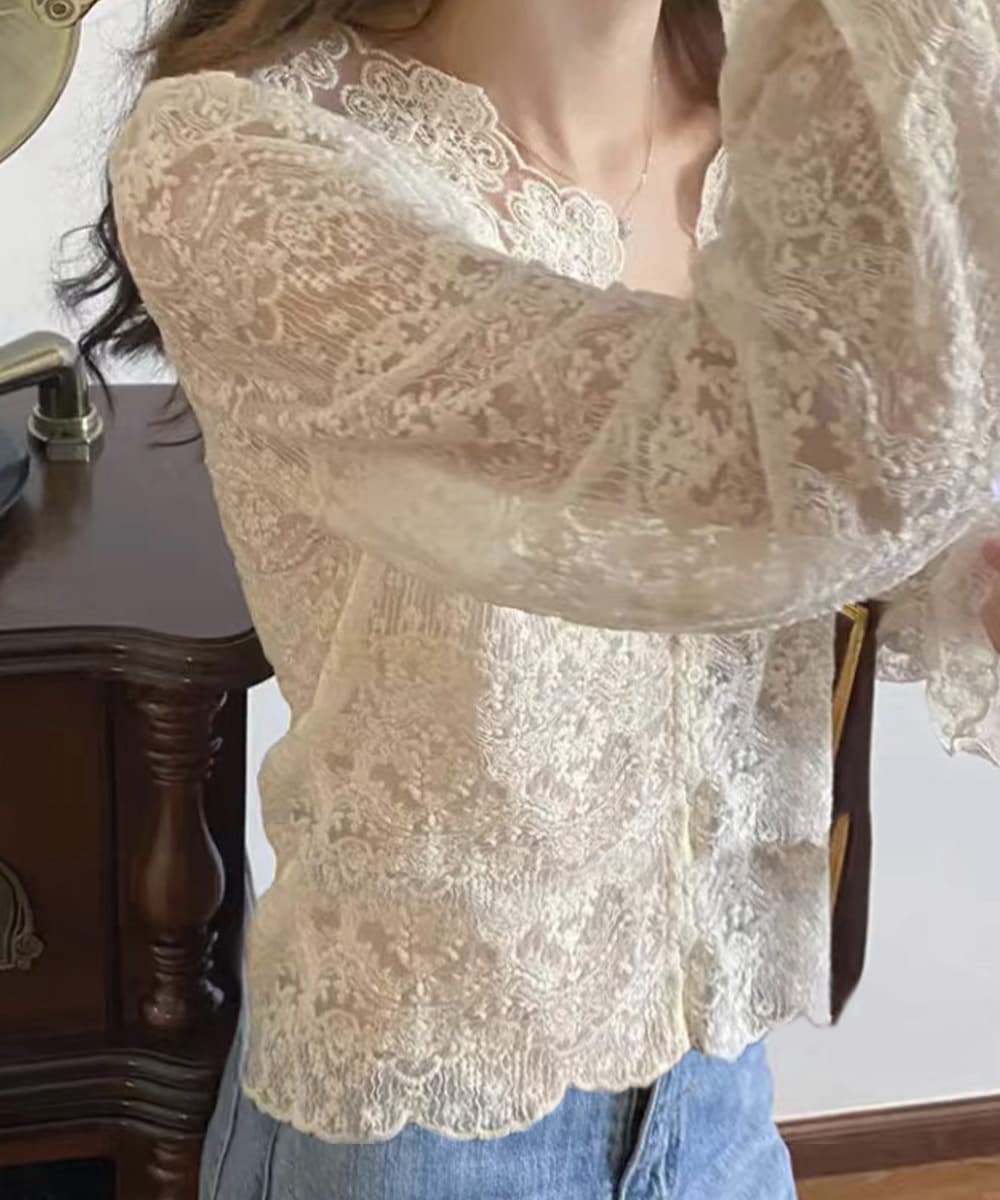 レース 服 繊細花柄レースブラウス 長袖透け感トップス