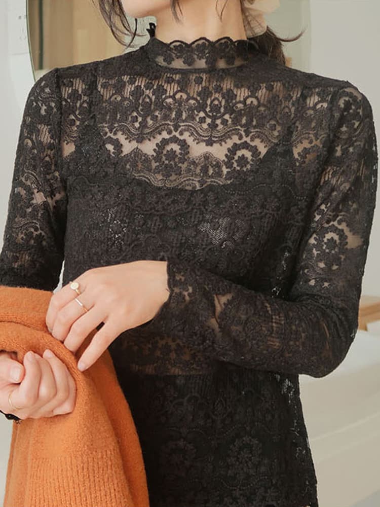 レース 服 花柄刺繍レースハイネックブラウス