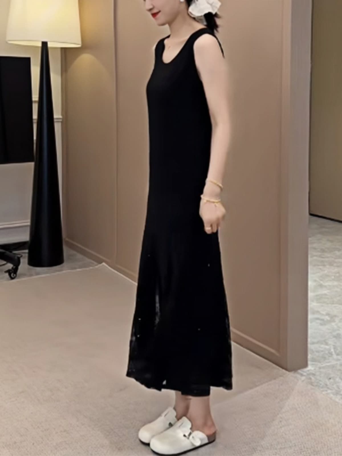 レース 服 透かしレース裾切替えミディ丈ワンピース