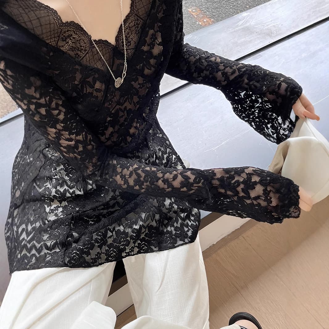 レース 服 透かし模様レース長袖ブラウス