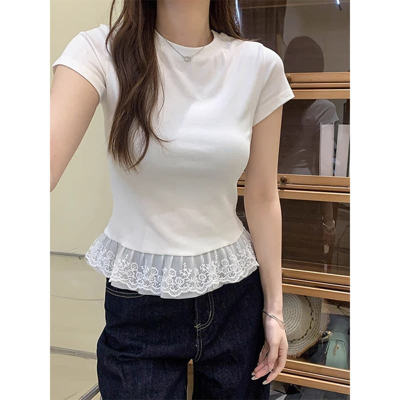 レース 服 裾レース切替フリルカットソー