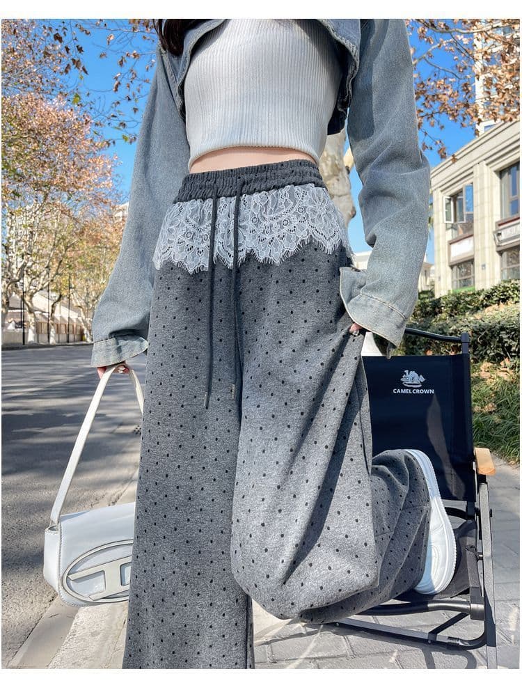 レース 服 ドット柄レース切替ワイドパンツ