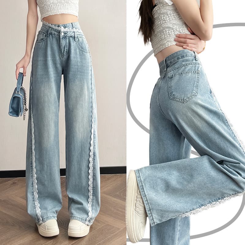 レース 服 レース装飾入りゆったりデニムパンツ