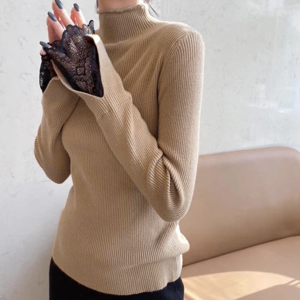 レース 服 袖先繊細花柄総レースタートルニットセーター女性用