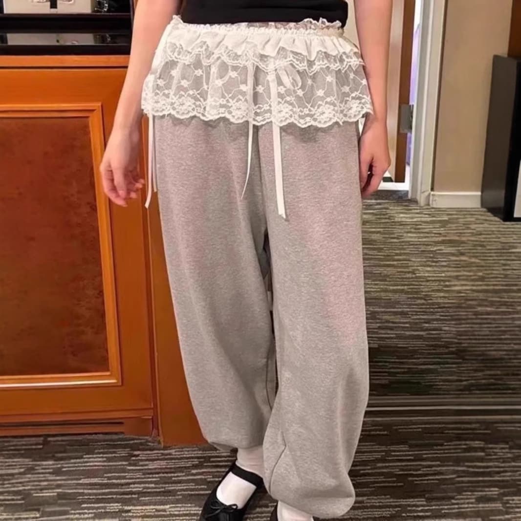レース 服 姫系レースフリルライン付きゆったりパンツ