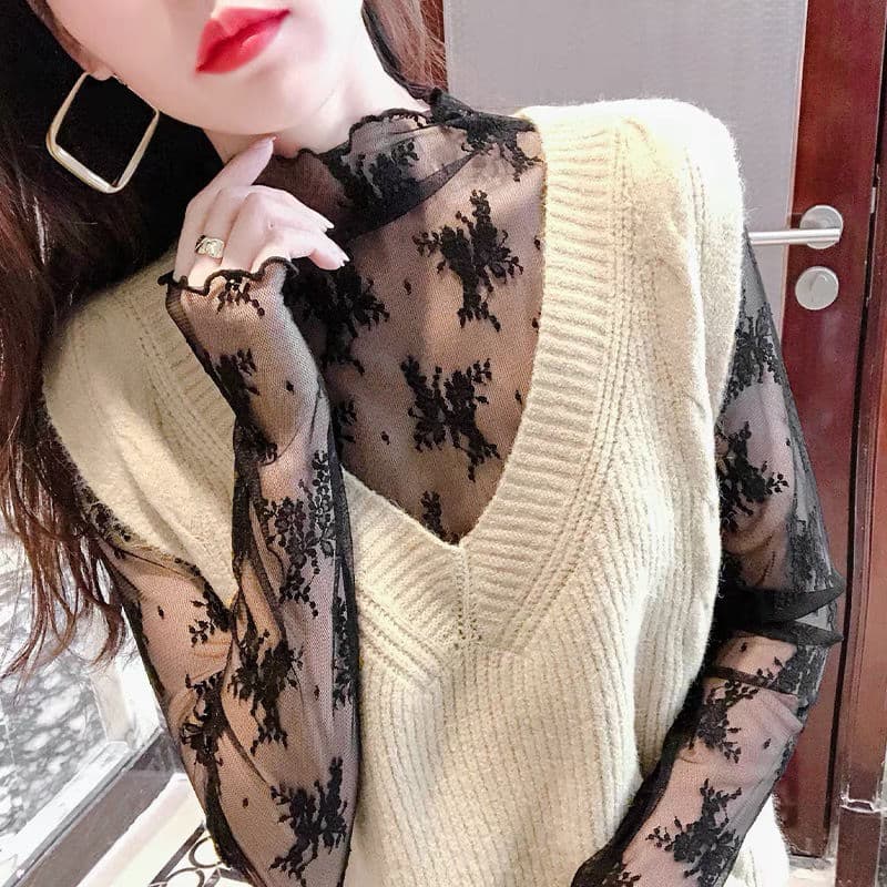 レース 服 花柄レース透け感ハイネックインナー長袖
