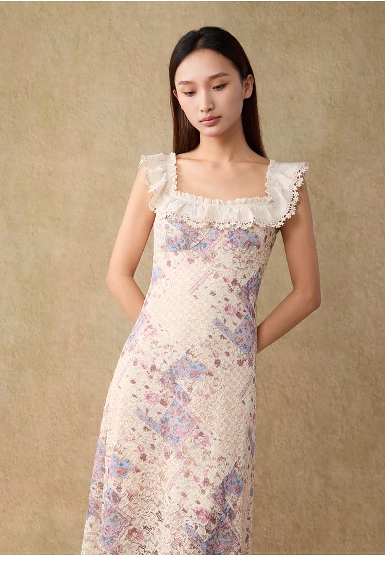 レース 服 花柄フリルレースロングワンピース