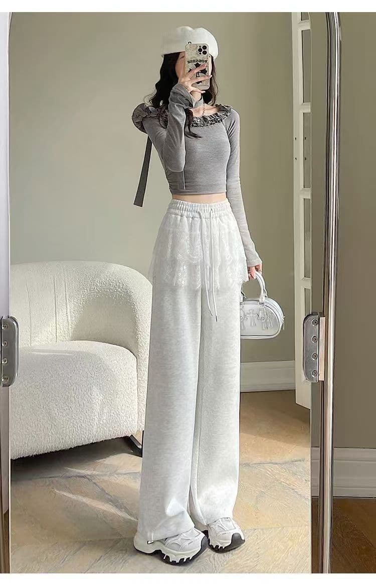 レース 服 レースフリルワイドパンツ