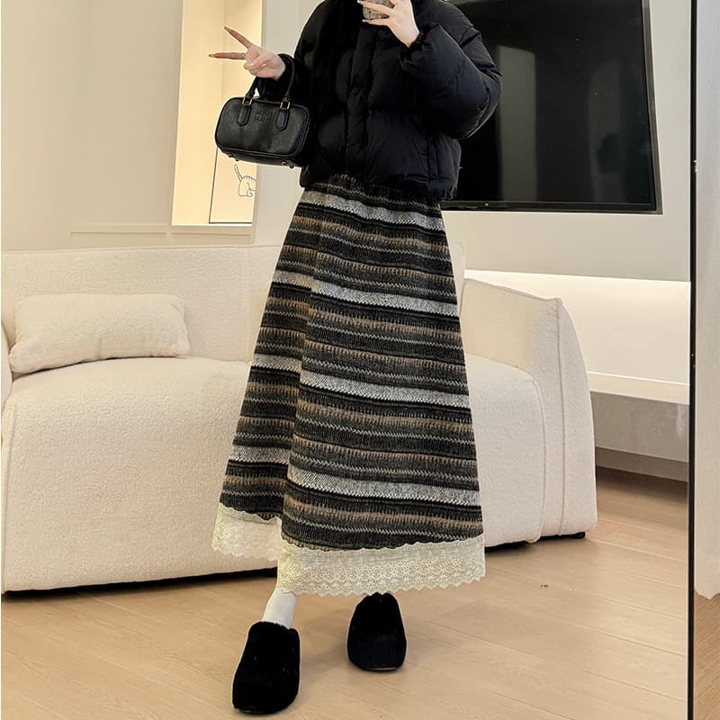 レースファッション レース裾飾りニットロングスカート