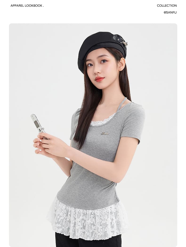 レース 服 レース裾フリル半袖リブトップス