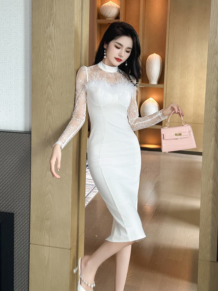 レース 服 上品シアーレース切替えミディ丈ワンピース