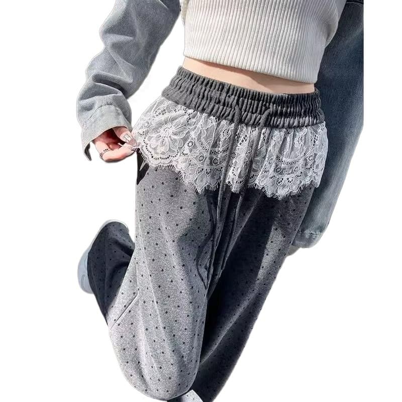 レース 服 ドット柄レース切替ワイドパンツ