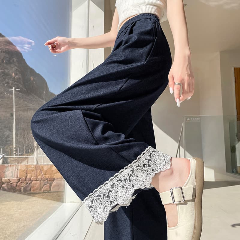 レース 服 裾レース切替ワイドパンツ