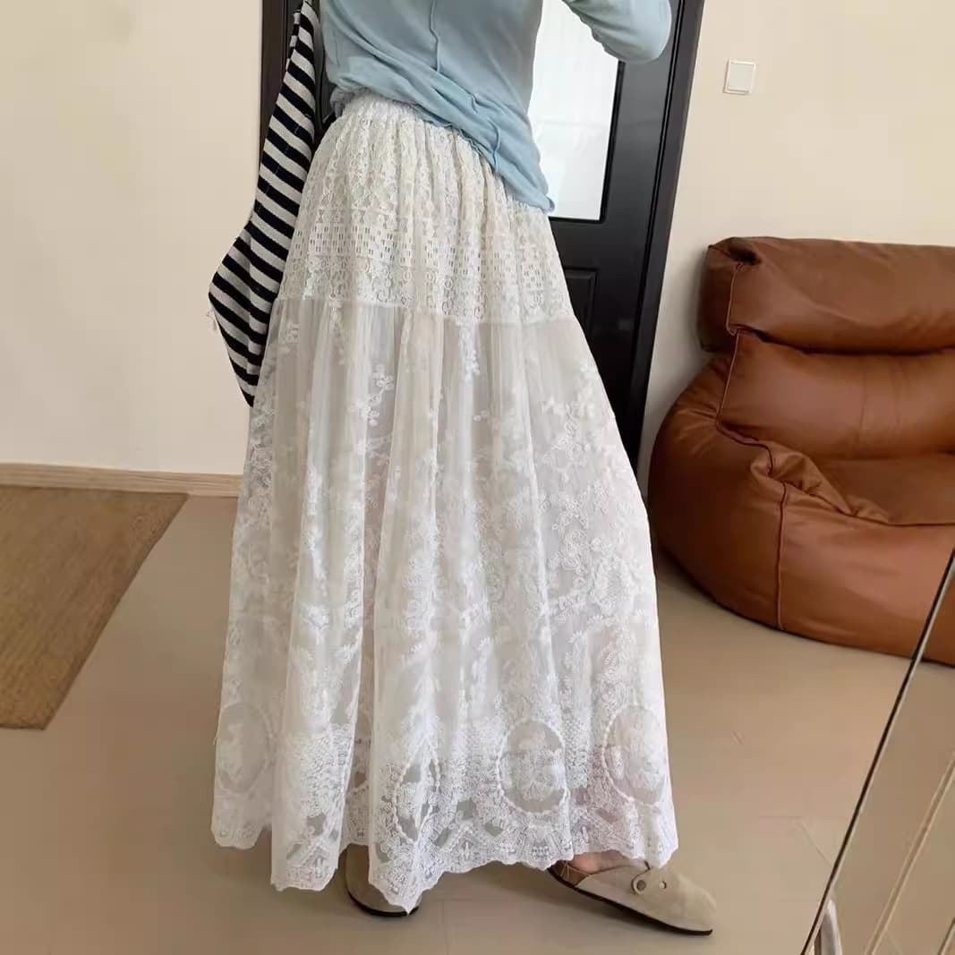 レースファッション レディース 花柄総レースロング丈スカート