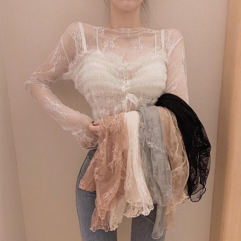 レース 服 インナー 長袖レース透け感ブラウス女性用