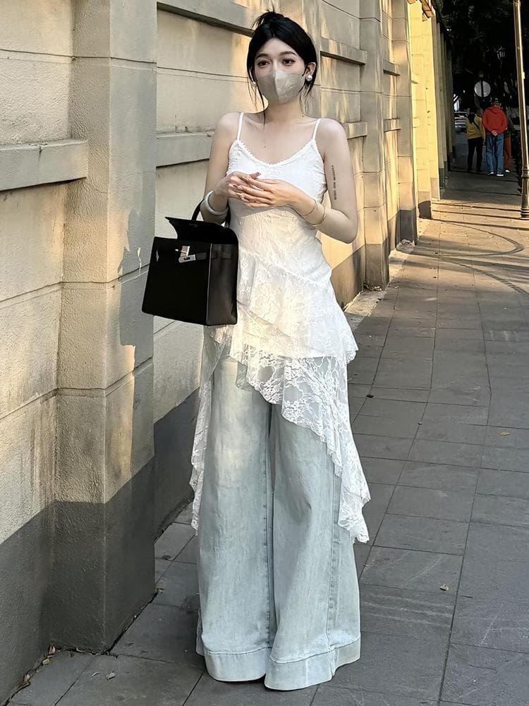 レース 服 レース重ね非対称裾キャミソールワンピース