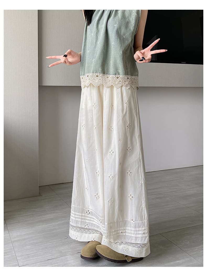レース 服 花刺繍レース裾ワイドパンツ
