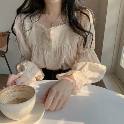 レース 服 トップス レース装飾長袖シャツ レディース服