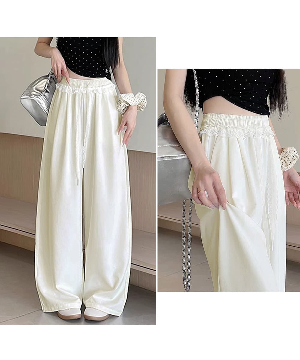レース 服 レース装飾ワイドパンツ 夏用ゆったりボトムス