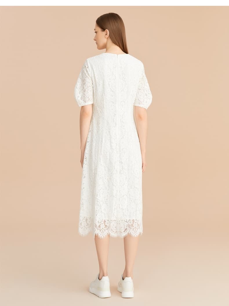 レース 服 花柄レース袖ふんわりミディ丈ワンピース