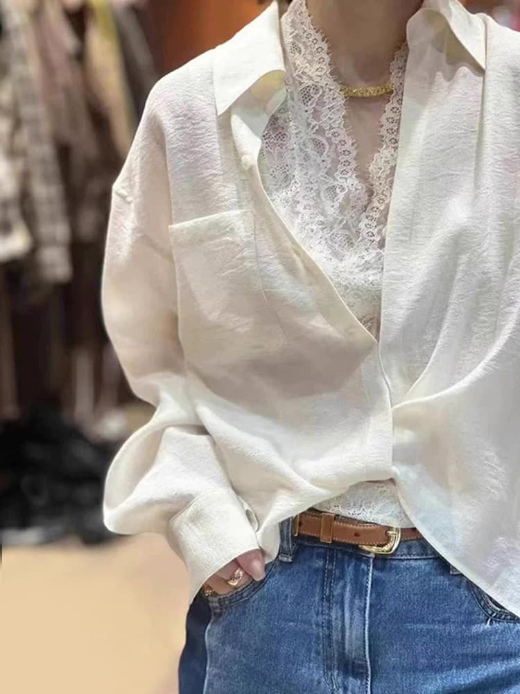 レース 服 レイヤード風レース透かしシャツ