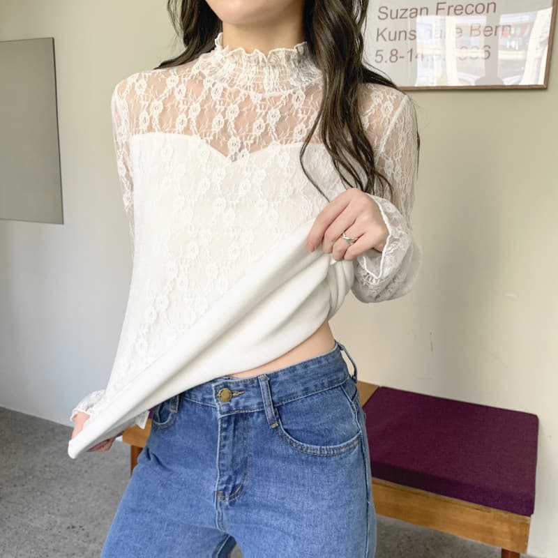 レースファッション 花レースハイネック優美トップス