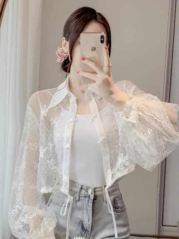レース 服 レディース レース刺繍 シースルー ブラウス 中国風