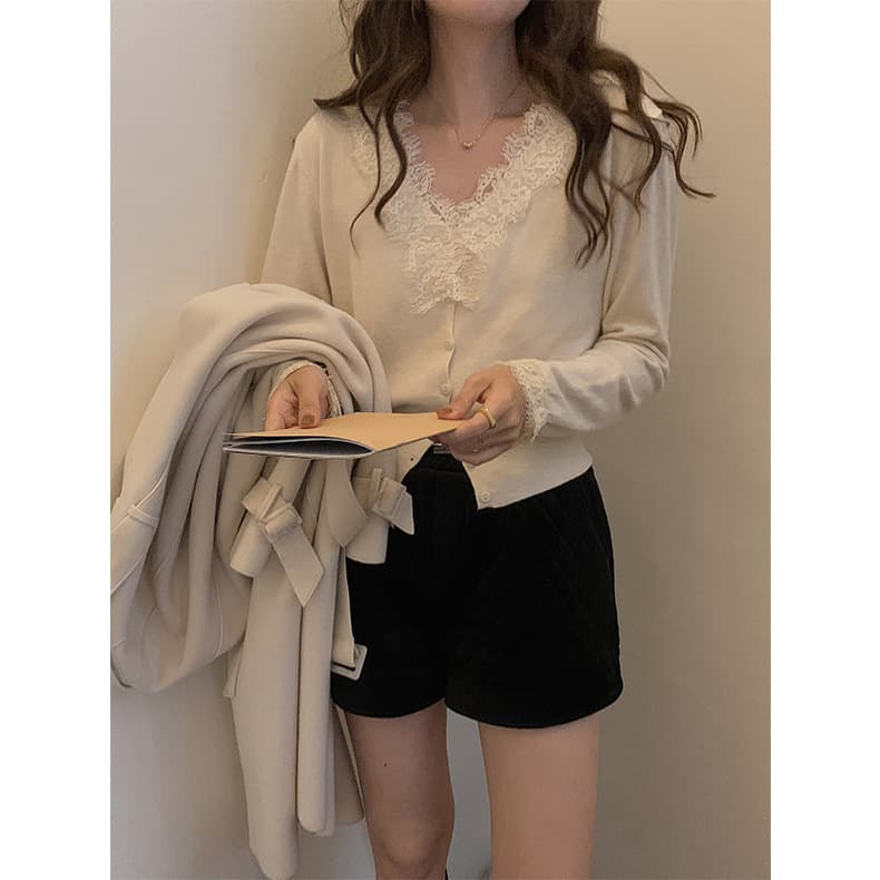 レース 服 レディース長袖レース襟ニットカーディガン トップス2色