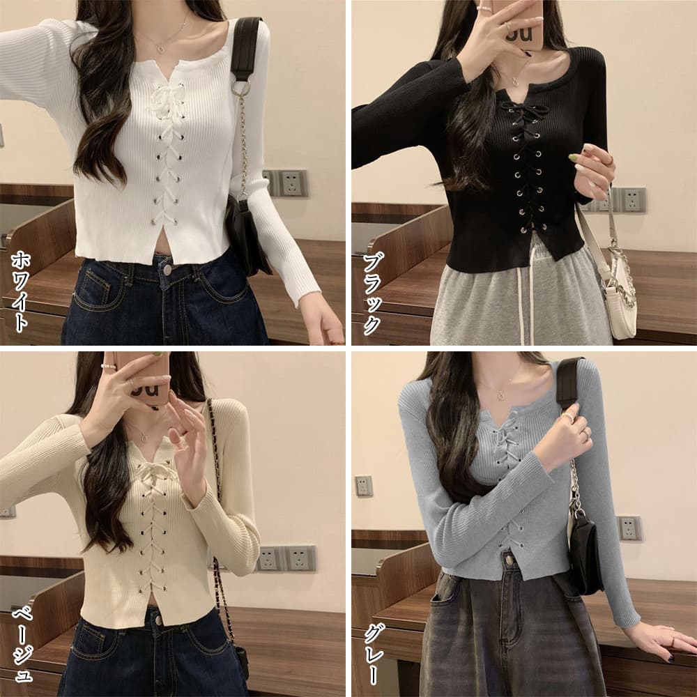 レース 服 リブ編みニット レースアップ 長袖トップス