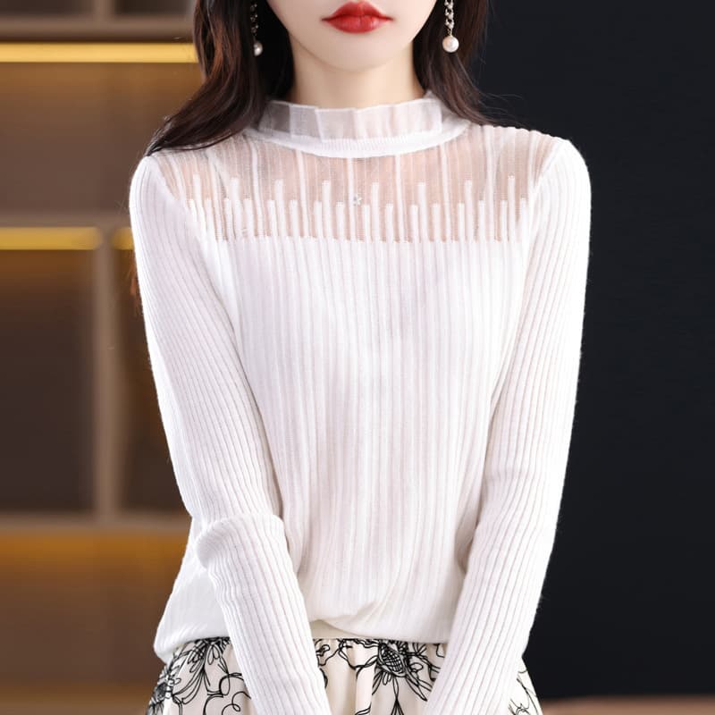 レース 服 シアーパネル リブニット モックネック セーター