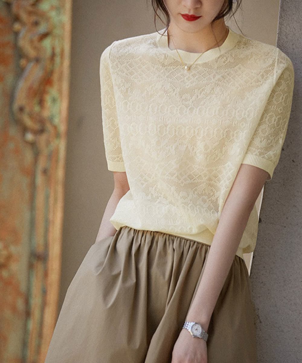 レース 服 透かし編みジャカードレーストップス半袖