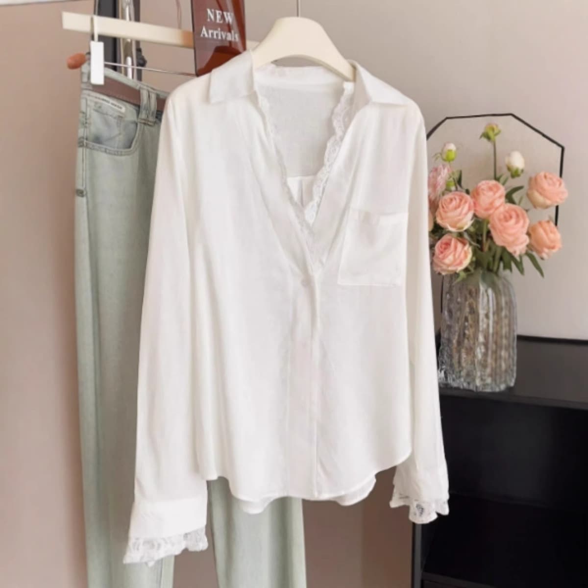レース 服 レース縁取りフェミニンシャツブラウス