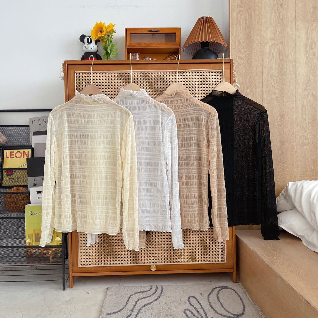 レース 服 シアーメッシュ フリルネックトップス