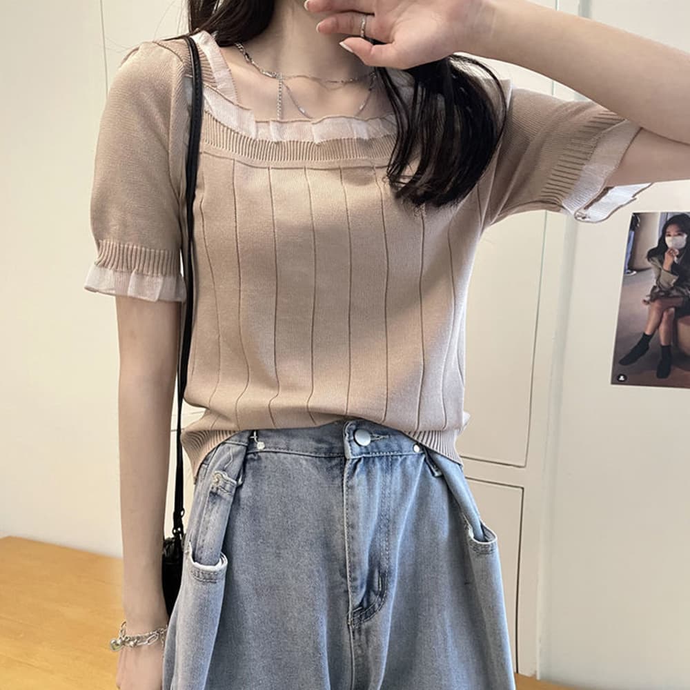 レース 服 フリル袖スクエアネック レース付きサマーニット