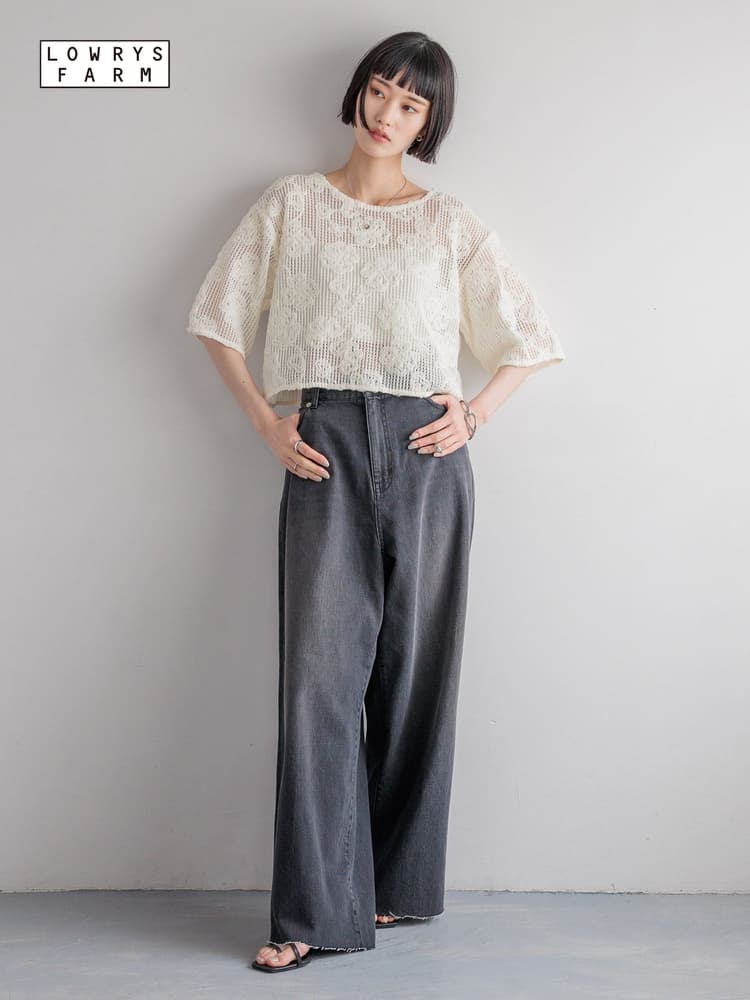 レース 服 花柄透かし編みレーストップス