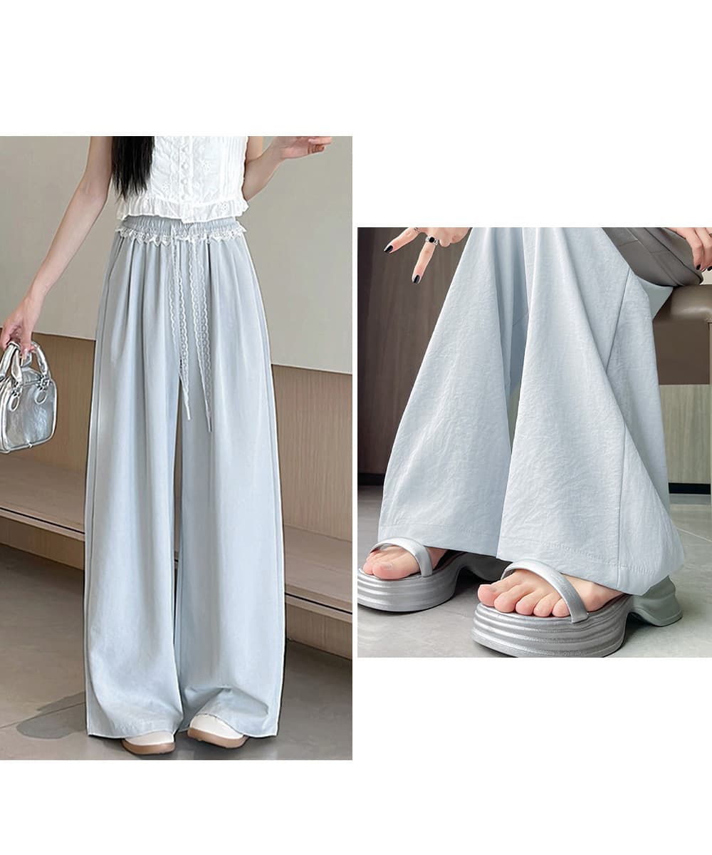 レース 服 レース装飾ワイドパンツ 夏用ゆったりボトムス