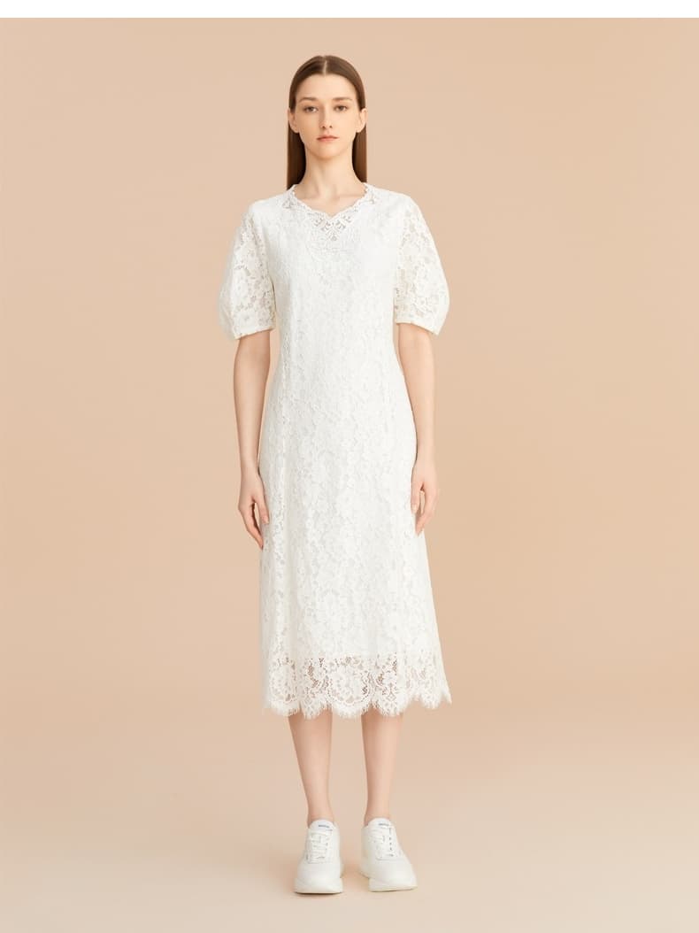 レース 服 花柄レース袖ふんわりミディ丈ワンピース