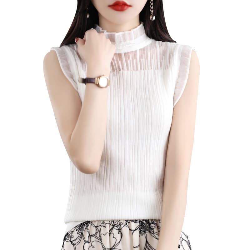 レース 服 プリーツデザイン ハイネック ノースリーブブラウス