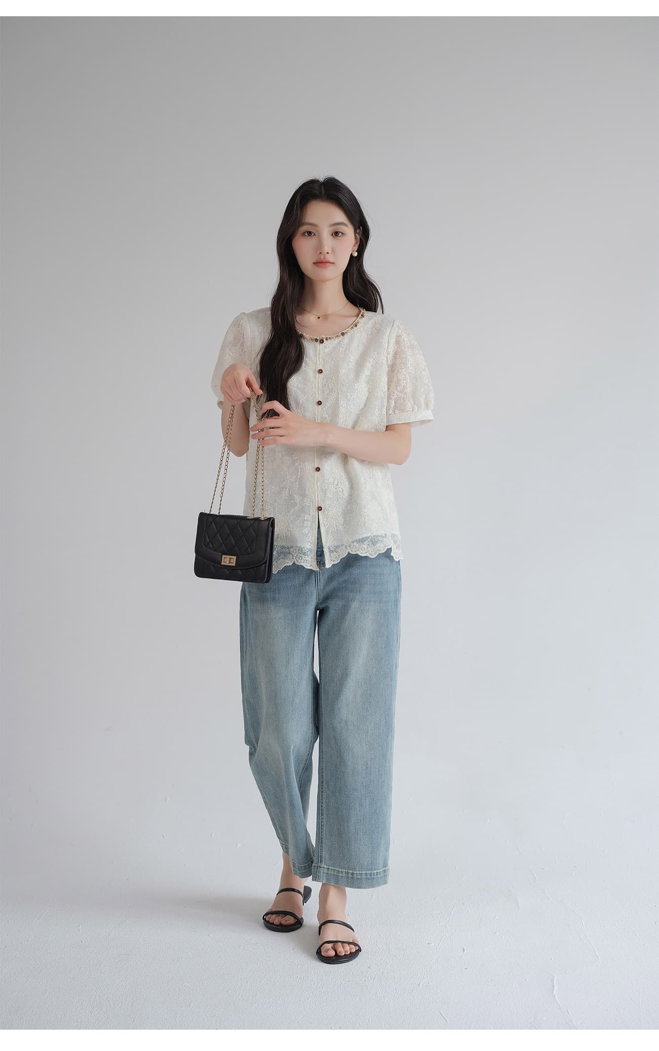 レース 服 花刺繍宝石襟パフスリーブレースブラウス