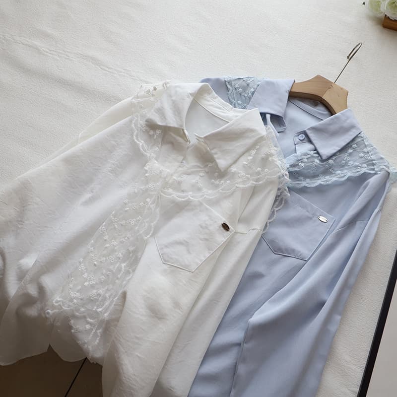 レース 服 花刺繍レース切替シャツブラウス