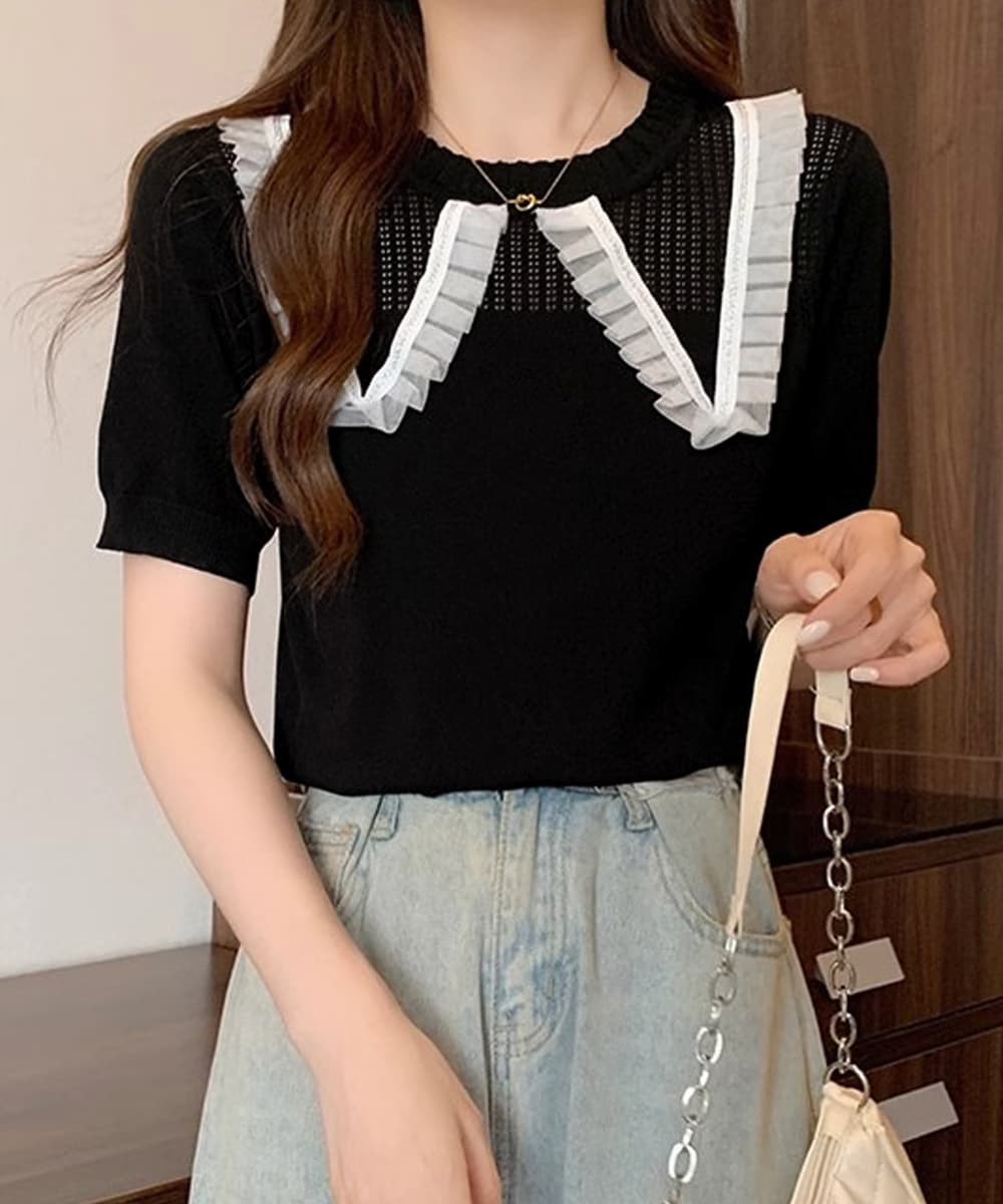 レース 服 レース襟付きニットトップス きれいめ 大人可愛い 韓国風