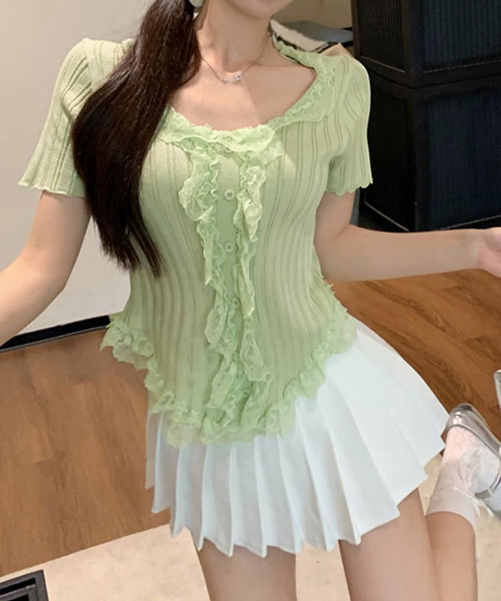 レース 服 レースフリルリブニットトップス半袖